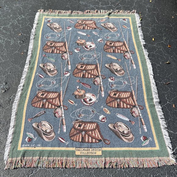 VTG Hallmark Design Collection Fishing Throw Blanket 65" x 42" Goodwin Weavers. - Picture 2 of 7